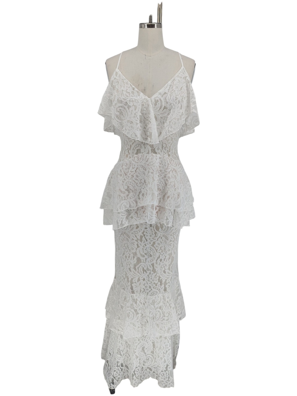 00594 NEW Blithe Lace Ruffle Layered Maxi Dress White size Large bohemian bridal